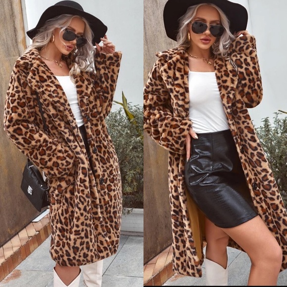 Jackets & Blazers - Leopard print faux fur long trench teddy coat